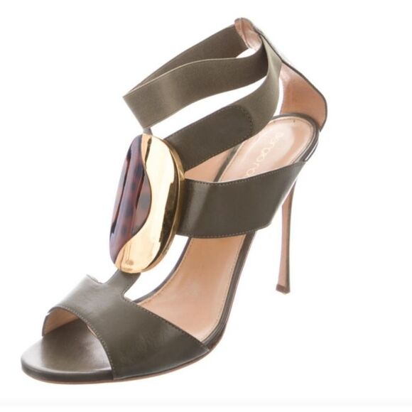 SERGIO ROSSI Olive/Tortoise Sandals Heels - Size 37/7 - Picture 1 of 9